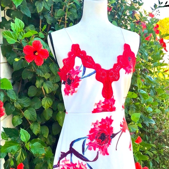 Anthropologie White Red Lace Floral Midi Dress Valentine Day Romantic Date Night - Picture 2 of 6